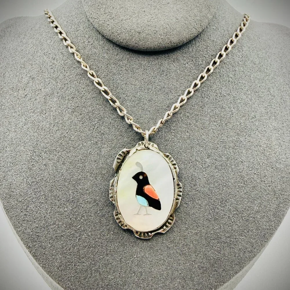 Sterling Zuni Inlay Quail Pendant Necklace MOP Turquoise Coral 